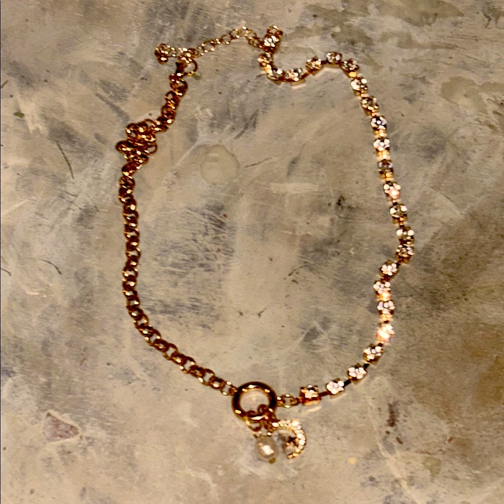 Betsey Johnson Gold and Rhinestone Necklace W/ Pearl & Crescent Charms - NWOT